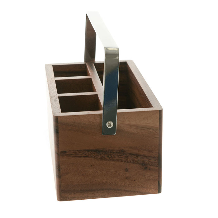 Acacia Wood Cutlery Caddy with Chrome Carry Handle