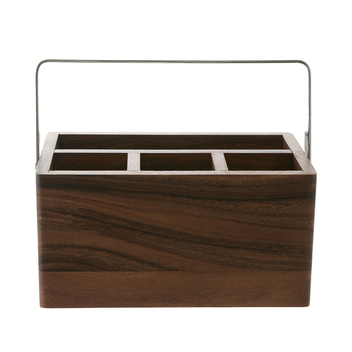 Acacia Wood Cutlery Caddy with Chrome Carry Handle