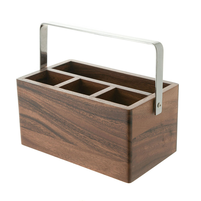 Acacia Wood Cutlery Caddy with Chrome Carry Handle