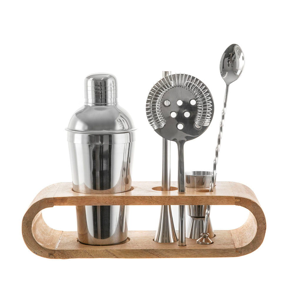 Stainless Steel Silver Bar Tool Set with Natural Mango Wood Base