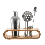 Stainless Steel Silver Bar Tool Set with Natural Mango Wood Base