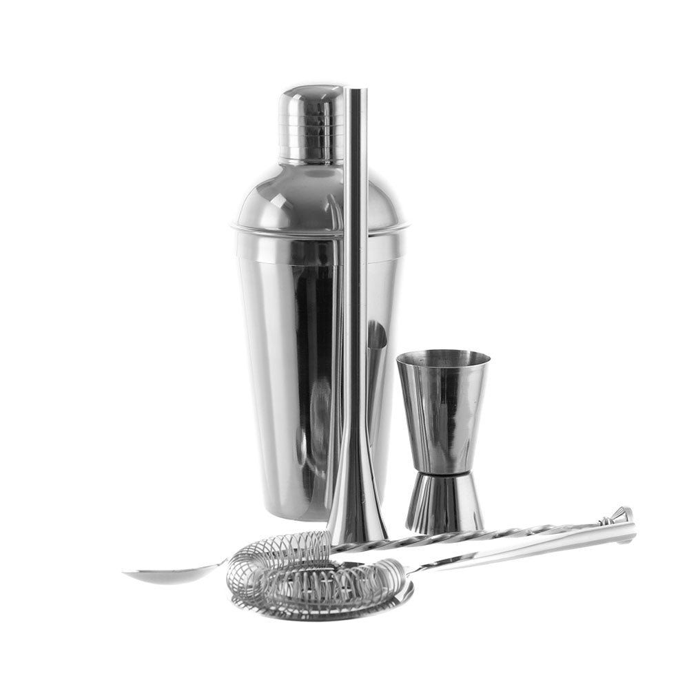 Stainless Steel Silver Bar Tool Set with Natural Mango Wood Base
