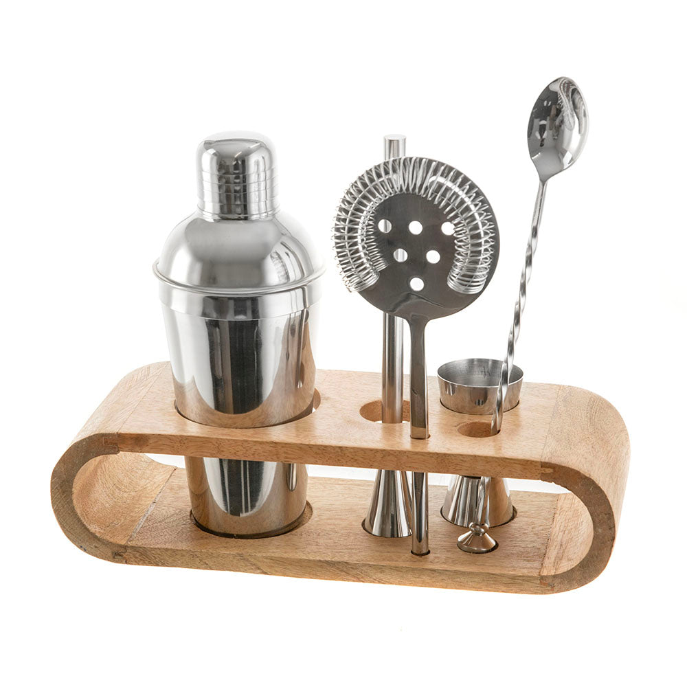 Stainless Steel Silver Bar Tool Set with Natural Mango Wood Base