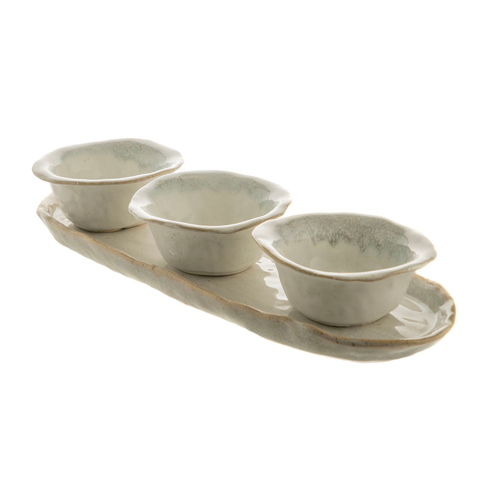 Monaco White Stoneware Dip Bowls with Tray Set