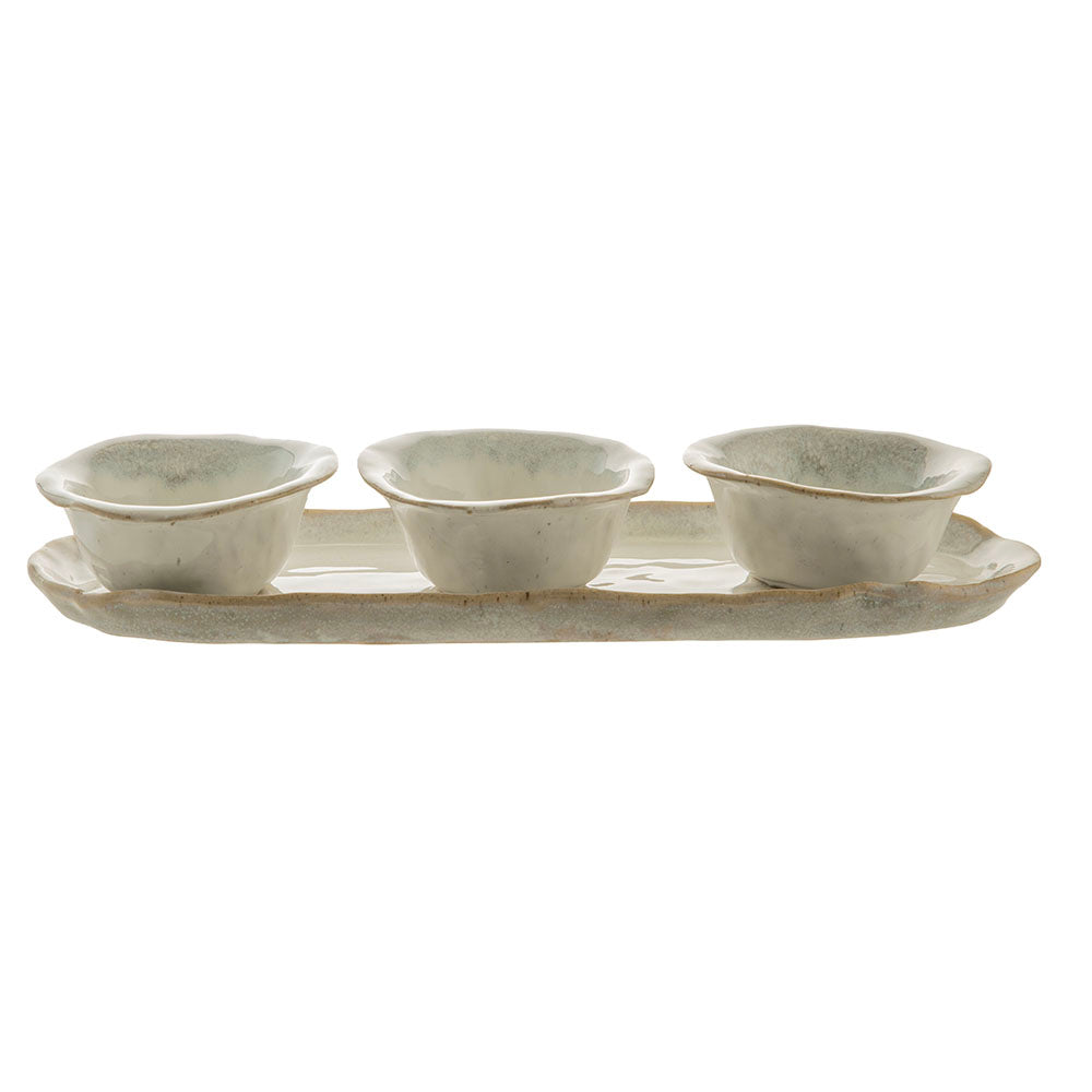 Monaco White Stoneware Dip Bowls with Tray Set