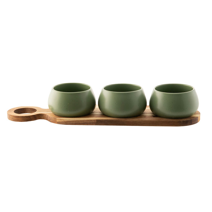 Acacia Wood Tray with 3 Green Bowls Tapas Set