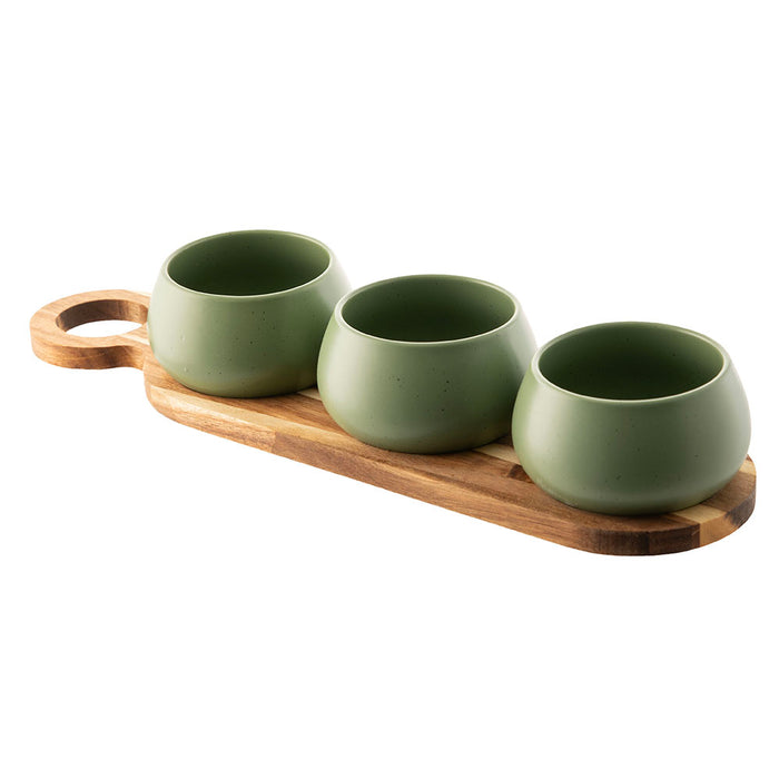 Acacia Wood Tray with 3 Green Bowls Tapas Set