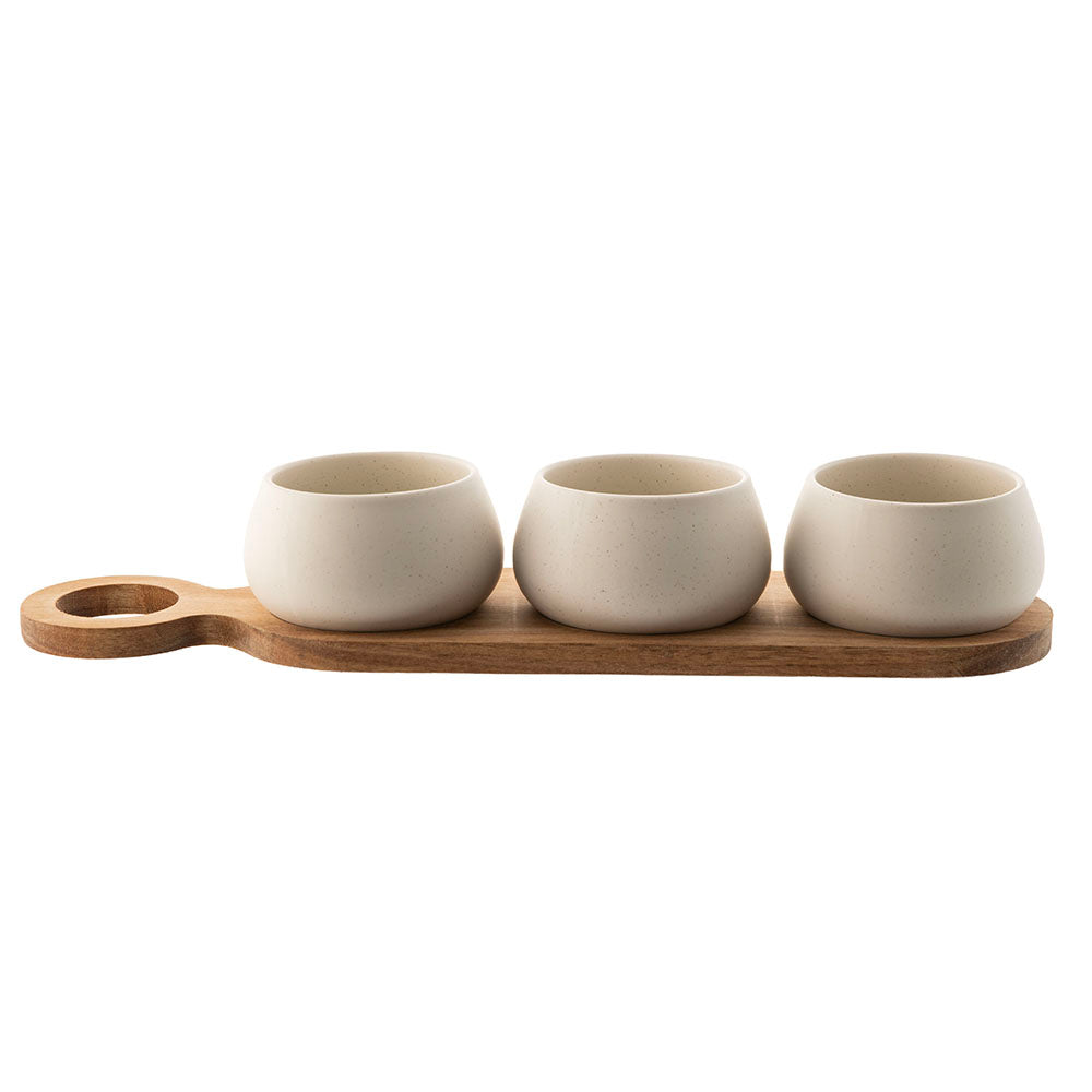 Acacia Wood Tray with 3 Stone Bowls Tapas Set
