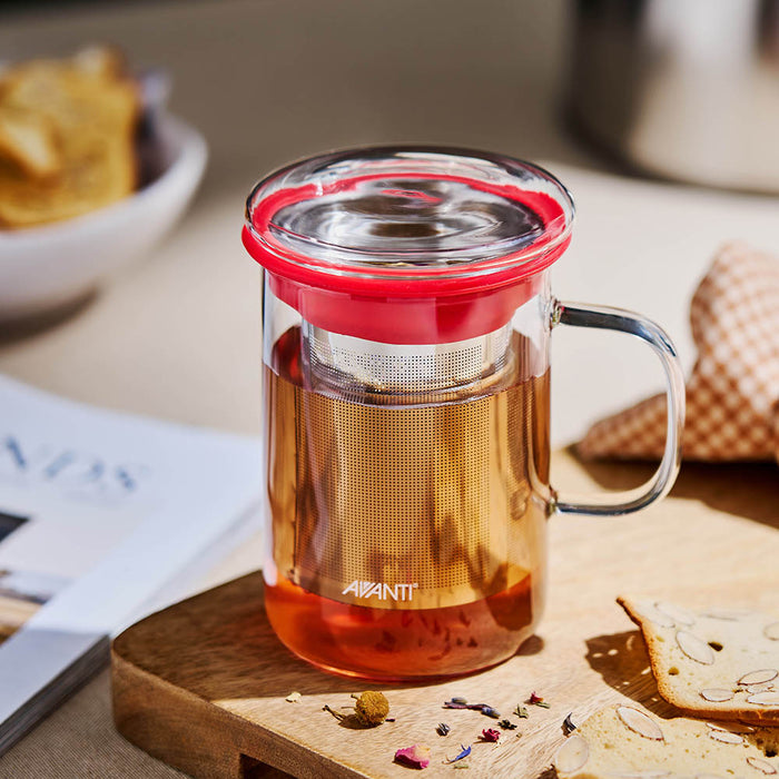Avanti Teacup Glass with Stainless Steel Infuser & Red Lid