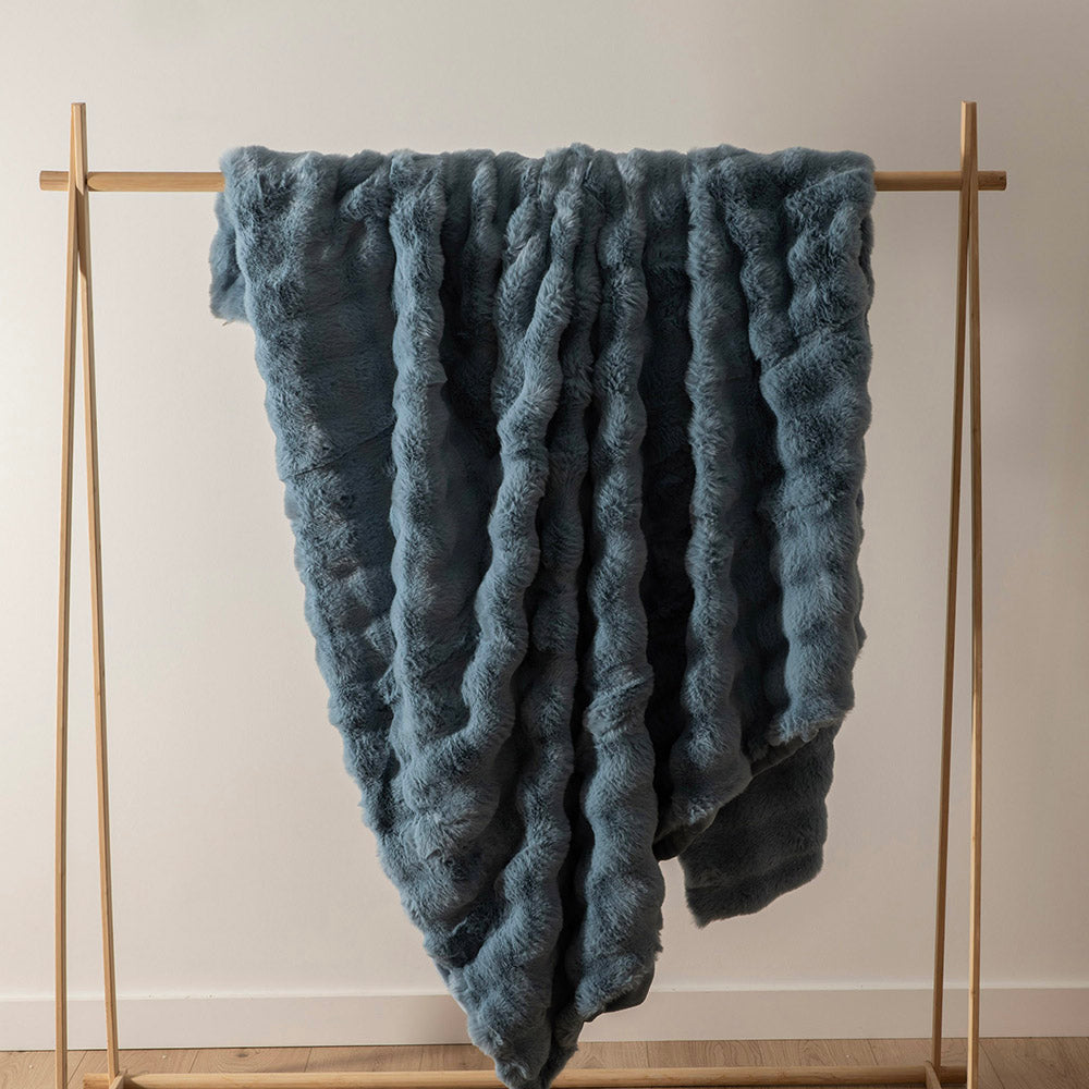 Denim Blue Ripple 180x220cm Faux Rabbit Fur Throw