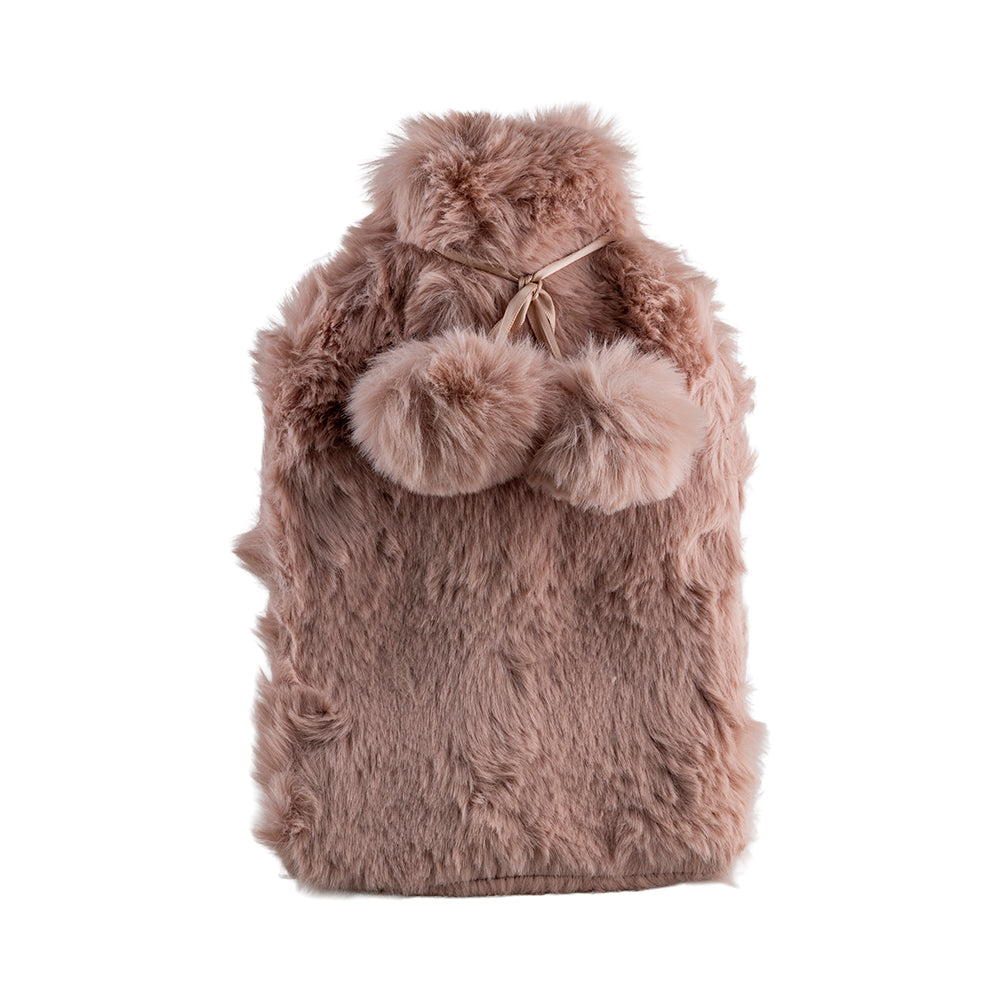 Mauve 37x22cm Hot Water Bottle with Faux Rabbit Fur Cover