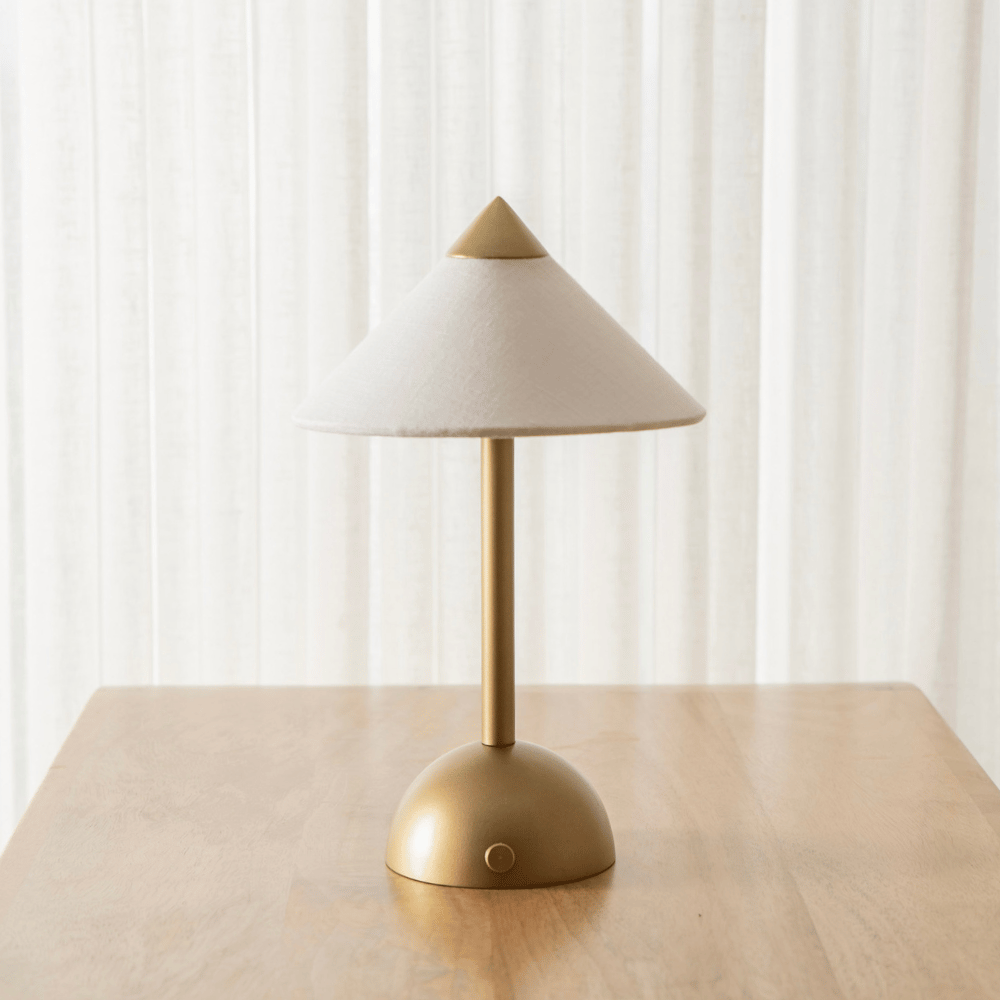 Apex Gold Base with Linen Shed 25x15cm Rechargeable Portable Lamp