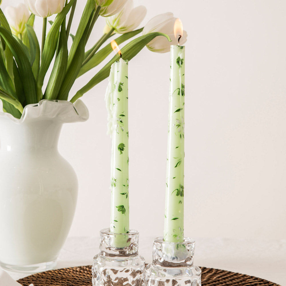 Green Painted Flowers 2 pc Taper Candles