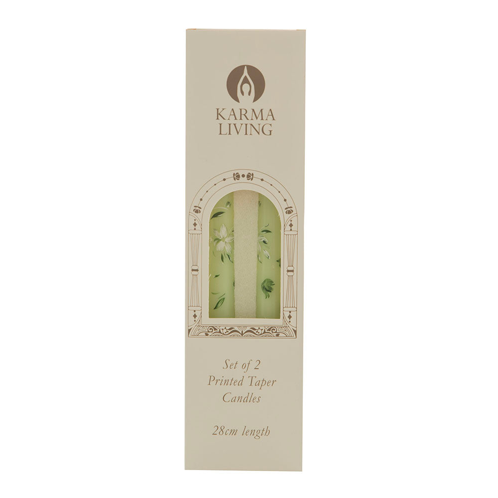 Karma Living Green Painted Flowers 2 pc Taper Candles