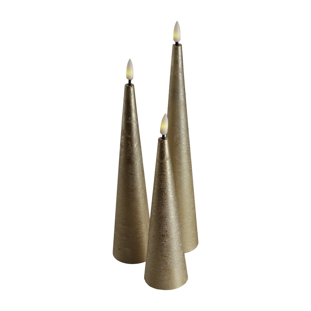 Rustic Gold Set/3 Small, Medium & Large Flameless LED Cone Candle 