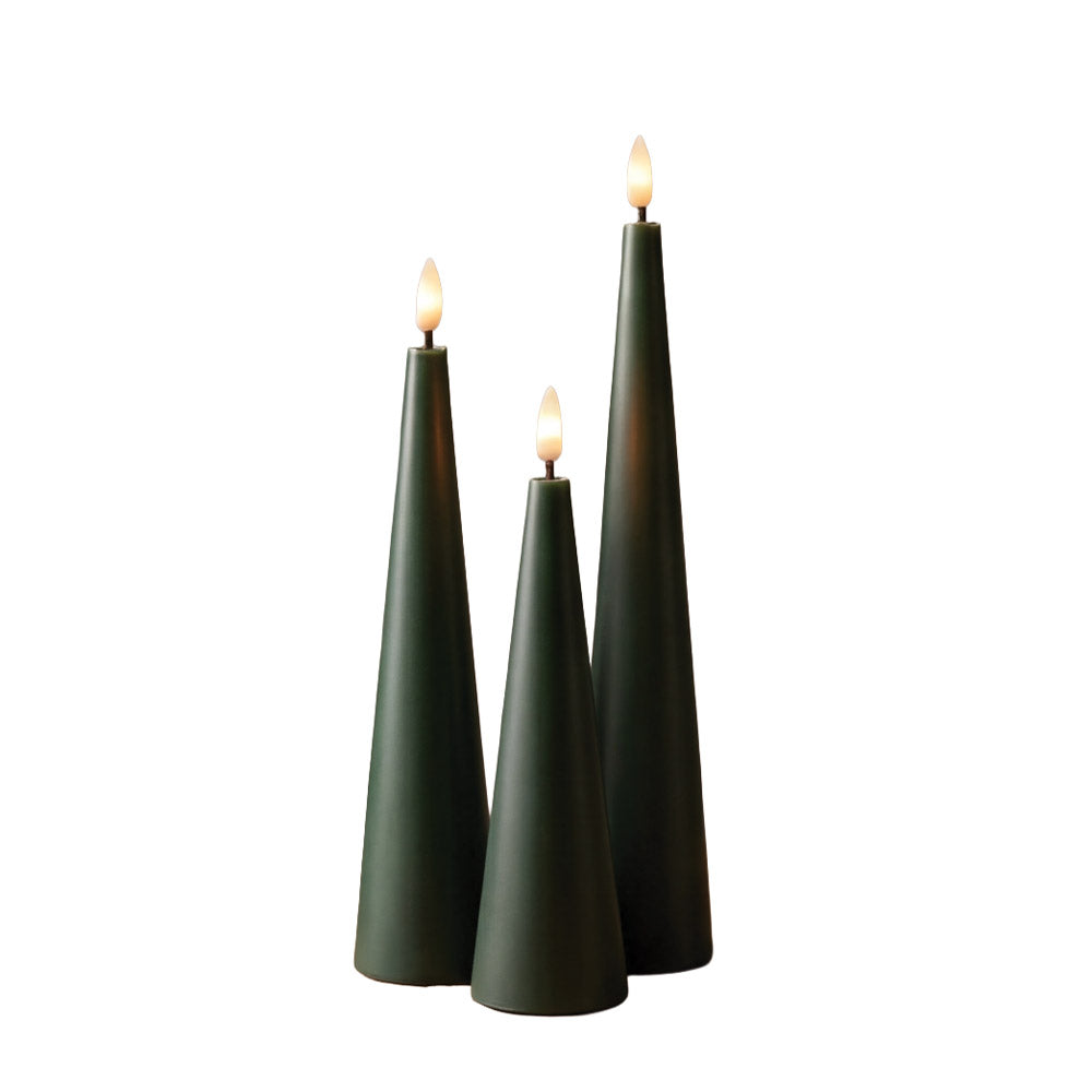 Forest Green Flameless LED Set/3 Small, Medium & Large Cone Candle