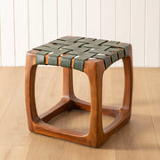 Green Leather Weave 40cm Natural Teakwood Stool