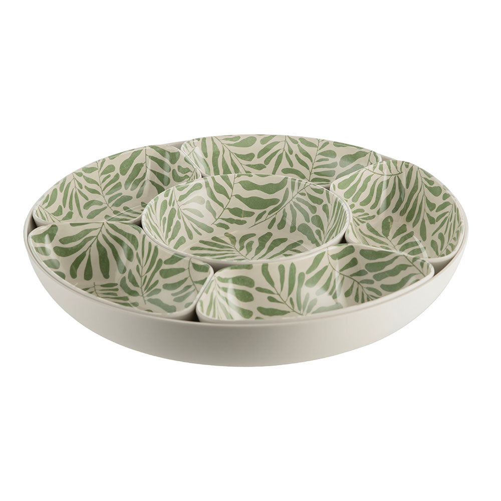 Tropical Palm Print  39cm Melamine Lazy Susan with Chip & Dip Bowls & Lid