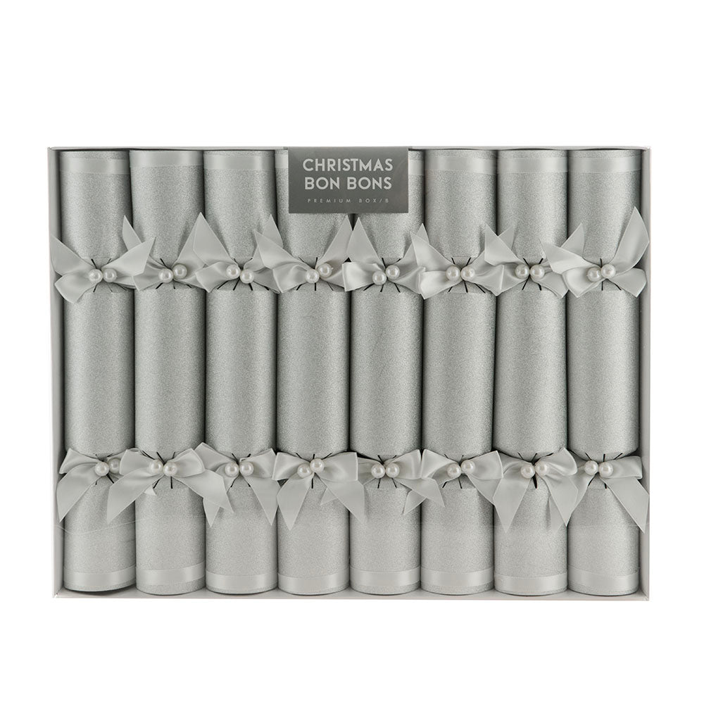 Matte Silver with White Ribbon 8pc Christmas Bon Bons