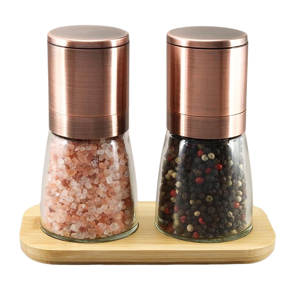 Glass Jar with Copper Top & Tray Gourmet Pepper & Himalayan Salt Mill Set