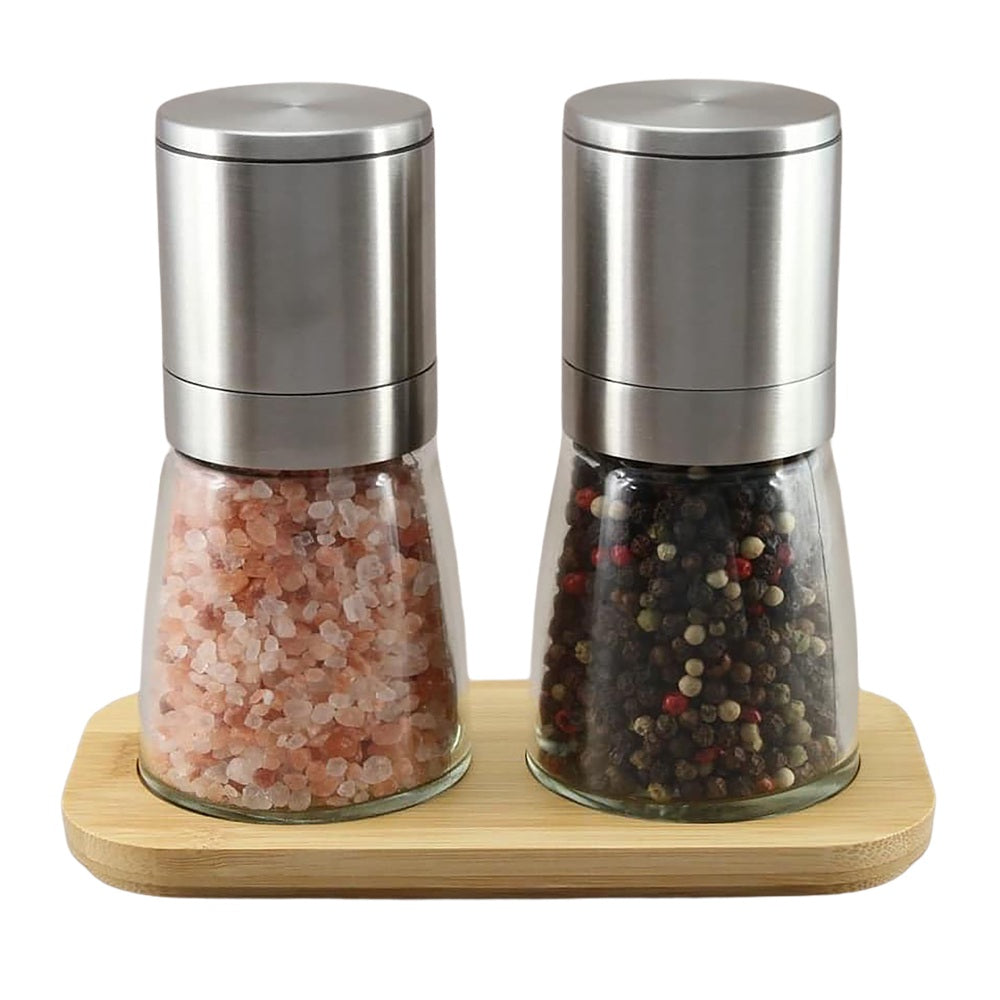 Glass Jar with Stainless Steel Top & Tray Gourmet Pepper & Himalayan Salt Mill Set