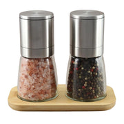 Glass Jar with Stainless Steel Top & Tray Gourmet Pepper & Himalayan Salt Mill Set