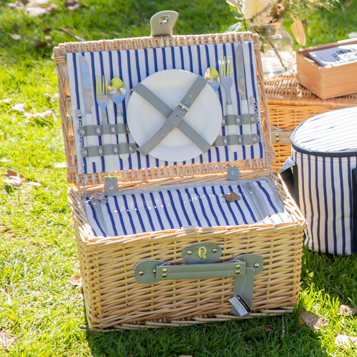 4 Person Picnic Basket Natural Wicker with Blue Stripe