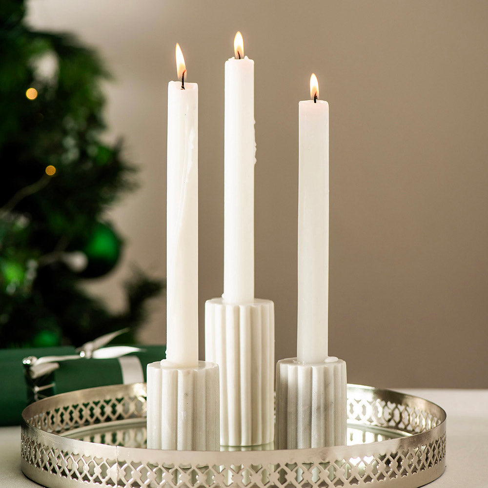 White Marble Ribbed Taper Candle Holder 10x5cm