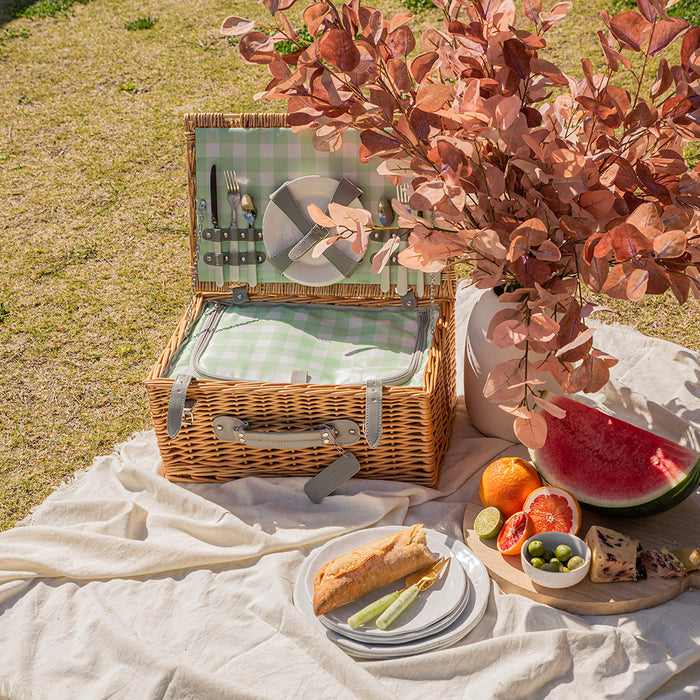 4 Person Picnic Basket Natural Wicker with Green Gingham
