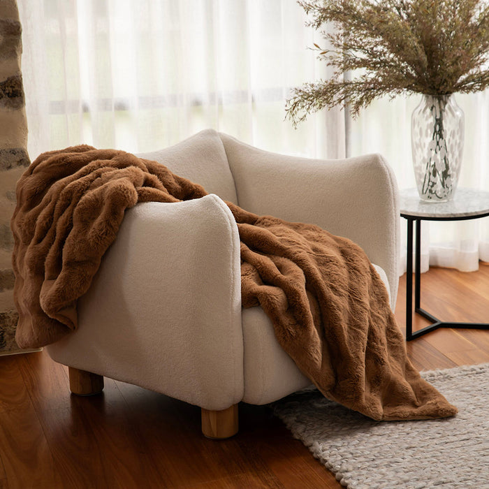 THROW Blanket Subtle Rib Faux Rabbit Fur Caramel 130x160cm