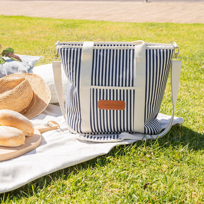 COOLER Tote Bag Navy/Cream Stripe with Cream Handles 35x14.5x36cm