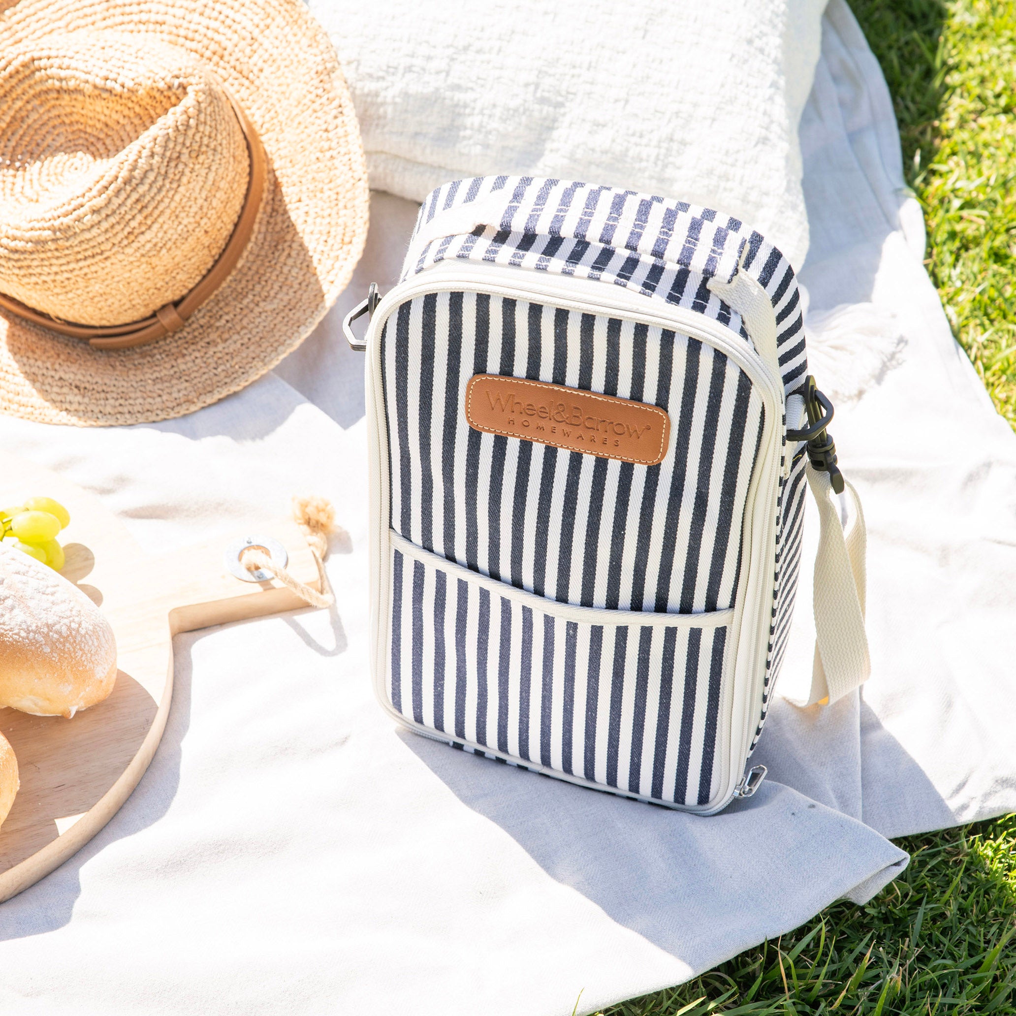 Wine Bag Navy/Cream Stripe with Cream Shoulder Belt