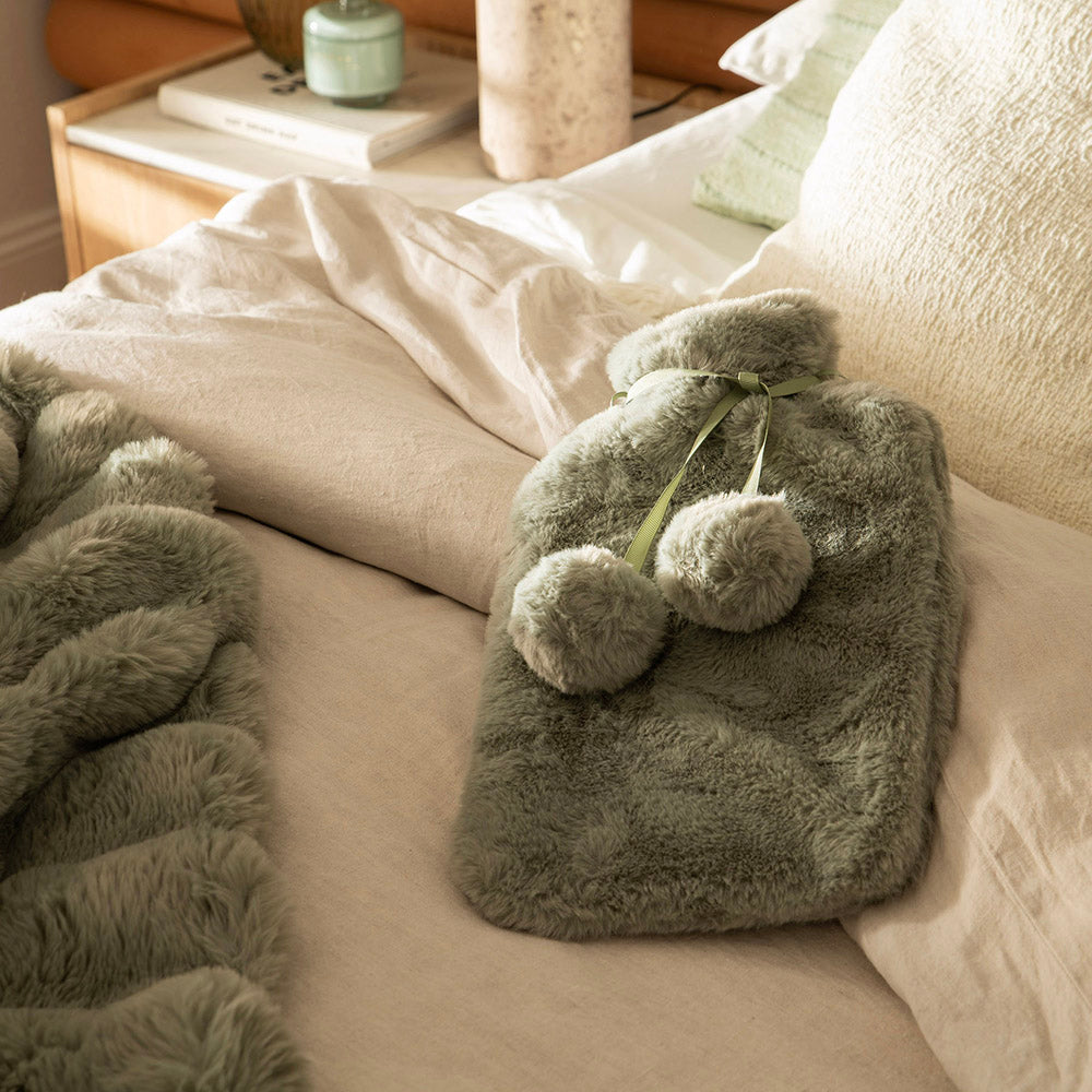 Hot Water Bottle with Faux Rabbit Fur Cover Green Haze