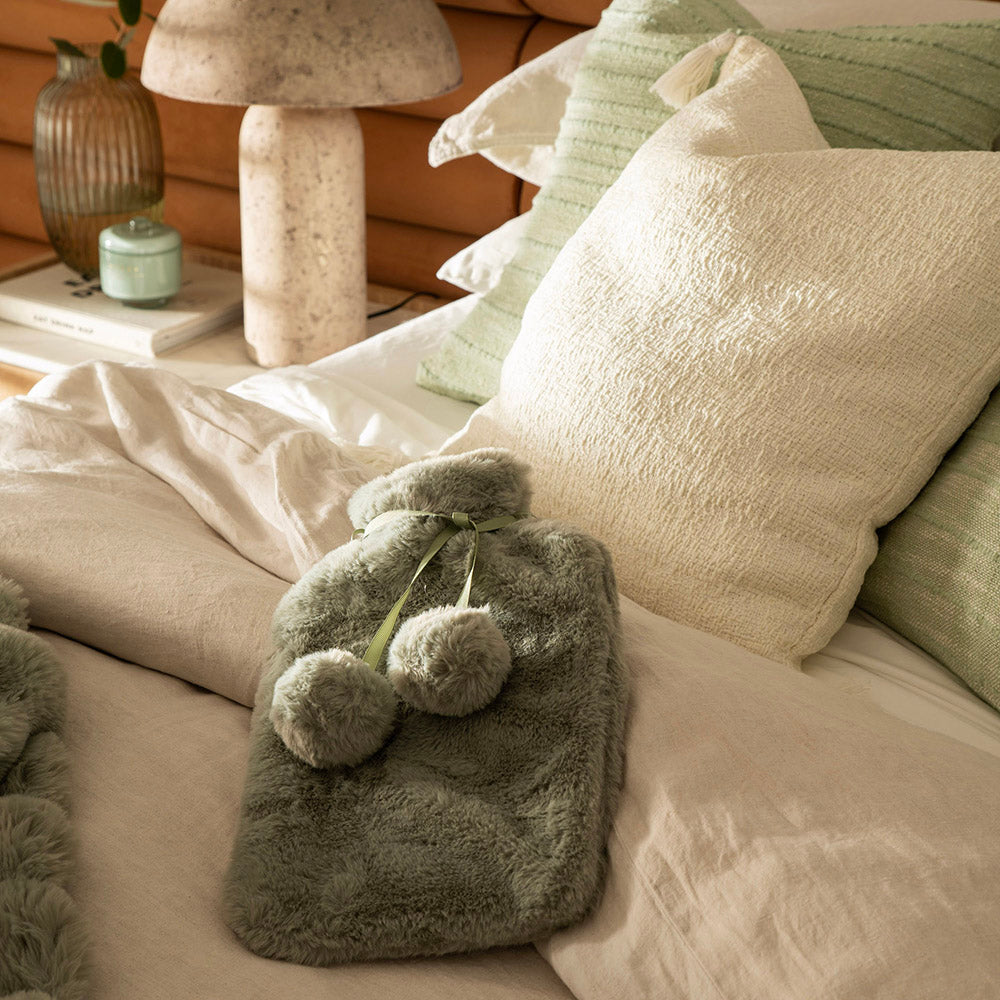 Hot Water Bottle with Faux Rabbit Fur Cover Green Haze