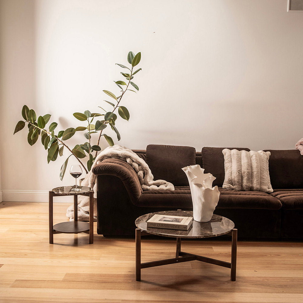 Wood & Brown Marble Coffee Table