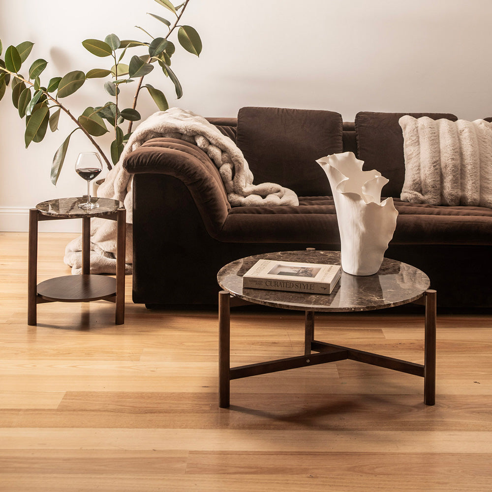 Wood & Brown Marble Side Table