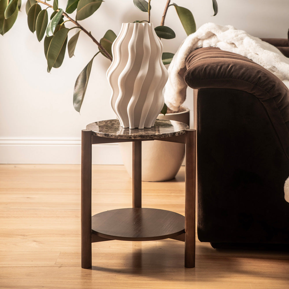 Wood & Brown Marble Side Table