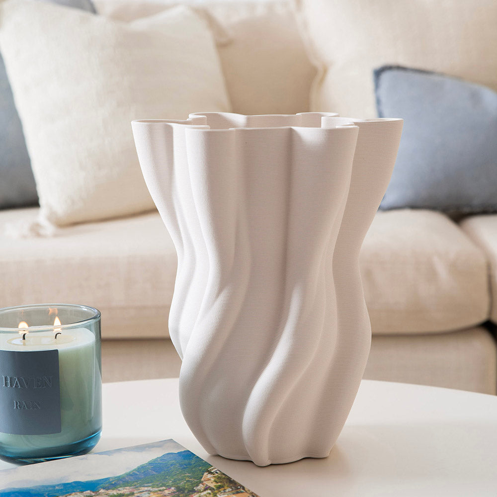 White Fluted 3D Printed Ceramic Vase 21x25cm