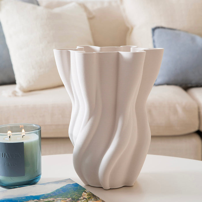 White Fluted 3D Printed Ceramic Vase 21x25cm