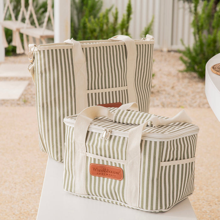 Cooler Tote Bag Cream & Green Stripes with Cream Handles