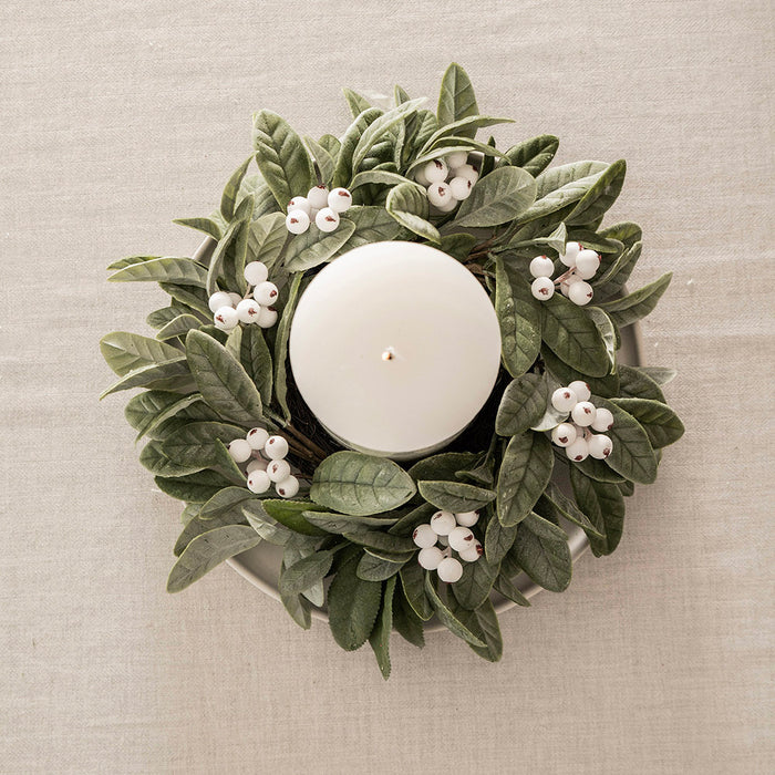 Candle Wreath with Leaves & White Berries