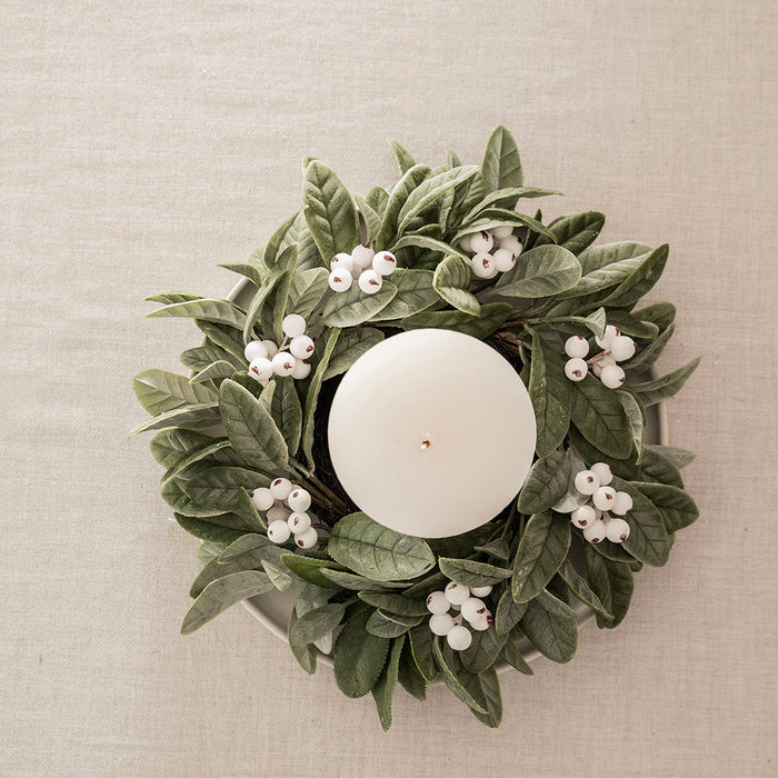Candle Wreath with Leaves & White Berries