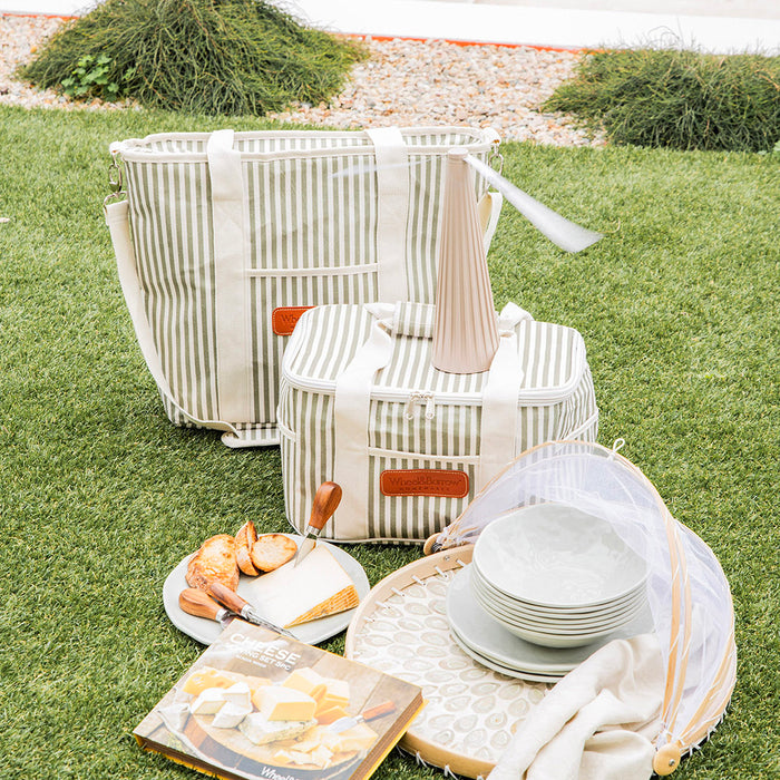 Picnic Cooler Bag Cream & Green Stripes with Cream Handles