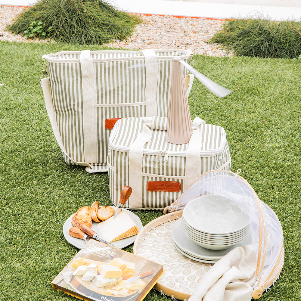 Cooler Tote Bag Cream & Green Stripes with Cream Handles