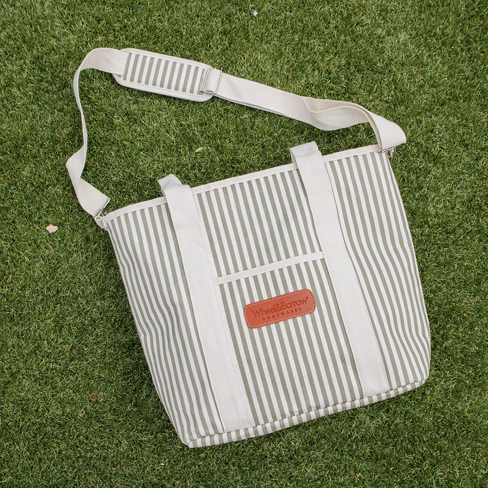 Cooler Tote Bag Cream & Green Stripes with Cream Handles