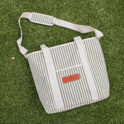 Cooler Tote Bag Cream & Green Stripes with Cream Handles