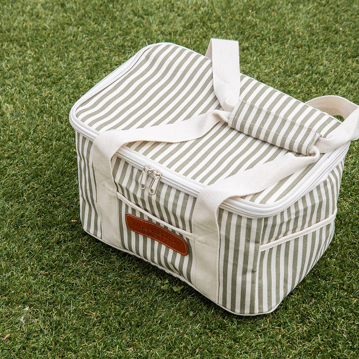 Picnic Cooler Bag Cream & Green Stripes with Cream Handles