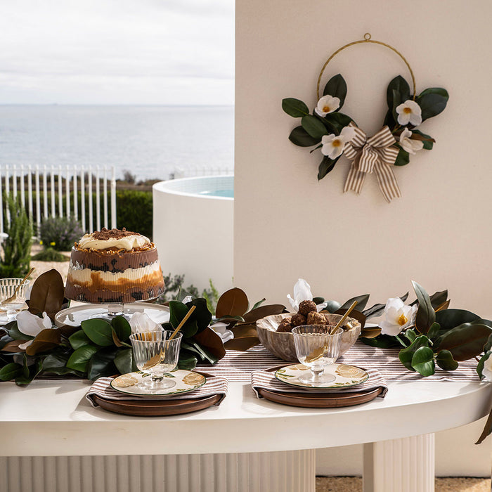 Half Wreath with Magnolia Leaves, White Flowers & Ribbon 52cm