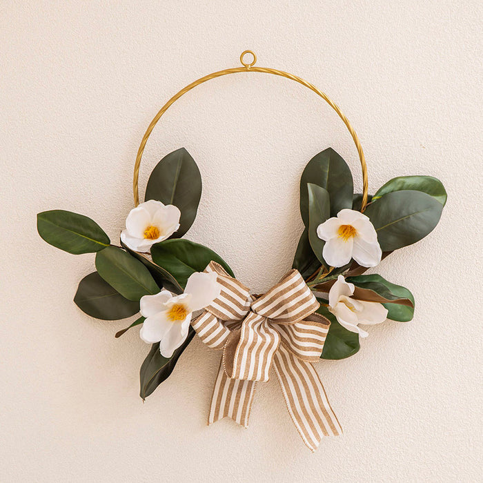 Half Wreath with Magnolia Leaves, White Flowers & Ribbon 52cm