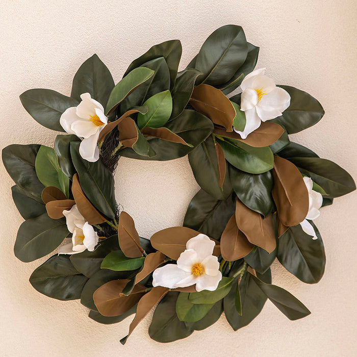 Wreath with Magnolia Leaves & White Flowers 60cm